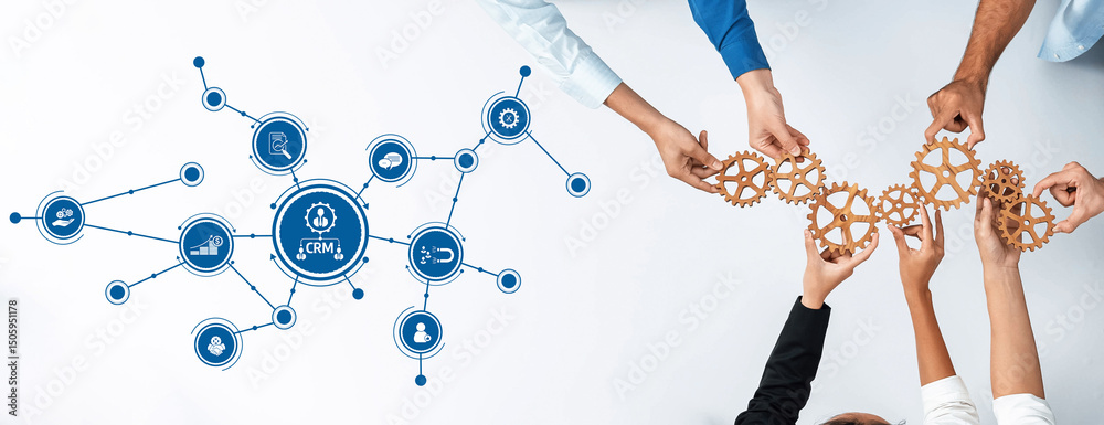 Poster this image depicts hands collaborating with gears, symbolizing teamwork and business strategy, with 