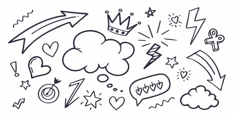 Line marker hand drawn brush arrow element set. Sketch pencil stroke vector graphic pen underline scribble icon. Hand drawn line heart, crown, star symbol highlight marker shape. Vector illustration