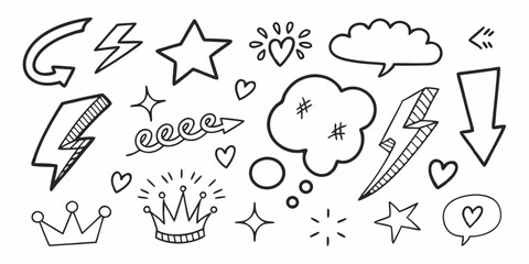 Line marker hand drawn brush arrow element set. Sketch pencil stroke vector graphic pen underline scribble icon. Hand drawn line heart, crown, star symbol highlight marker shape. Vector illustration