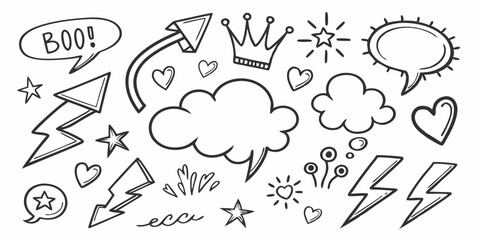 Line marker hand drawn brush arrow element set. Sketch pencil stroke vector graphic pen underline scribble icon. Hand drawn line heart, crown, star symbol highlight marker shape. Vector illustration