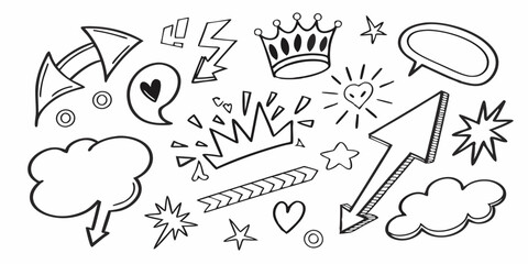 Line marker hand drawn brush arrow element set. Sketch pencil stroke vector graphic pen underline scribble icon. Hand drawn line heart, crown, star symbol highlight marker shape. Vector illustration