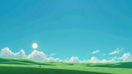 Idyllic summer meadow with blooming daisies under bright blue sky and white clouds landscape background in anime style