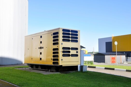 Spare stationary diesel generator for emergency power supply of modern industrial buildings.