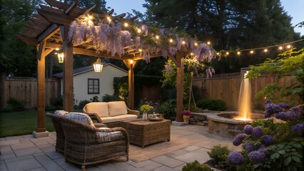 Fototapeta premium A cozy outdoor seating area illuminated by string lights hanging from a wooden pergola, surrounded by lush greenery and a wooden fence