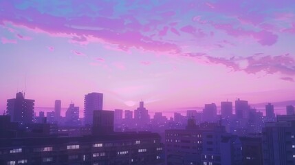 Urban skyline bathed in dreamy lavender and pink sunset with distant skyscrapers silhouette background in anime style