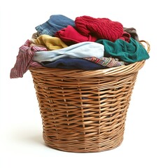 Clothes overflowing basket isolated on white background