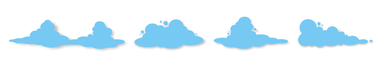 A set of blue fluffy clouds on a white background. Design elements for weather forecasting, web interface, or cloud applications for data storage. Vector EPS 10.