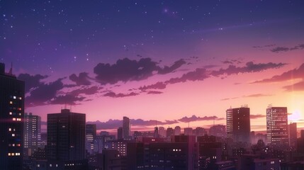 Fototapeta premium Urban skyline bathed in dreamy lavender and pink sunset with distant skyscrapers silhouette background in anime style