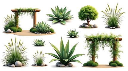 Collection of garden plants and wooden arbors isolated on white background