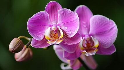 Obraz premium Close up of vibrant pink orchid flowers with water droplets on petals