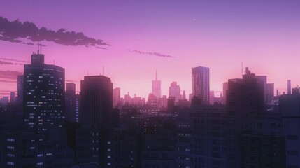 Urban skyline bathed in dreamy lavender and pink sunset with distant skyscrapers silhouette background in anime style