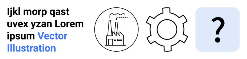 Factory within a circular frame, gear symbol, and question mark in blue square. Ideal for industry, production, process, engineering, decision-making, troubleshooting simple landing page