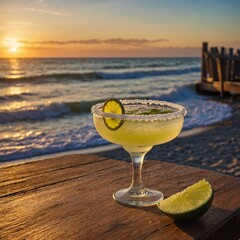 A chilled margarita with a lime wedge and salted rim on a wooden beach bar at sunset.