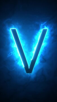 letter V with electric blue neon art and blue explosion vertical motion loop