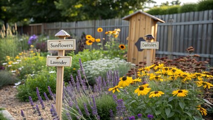 A charming pollinator garden with diverse flowering plants and clear wooden labels indicating plant types