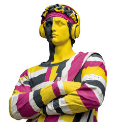 Classical statue is creatively painted in vibrant yellow, black, and magenta, wearing headphones and striped outfit, blending traditional art with modern pop culture