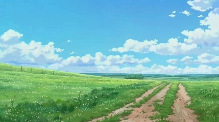 Fototapeta premium Country dirt road through green meadows under blue sky with white clouds on summer day background in anime style