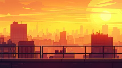 Obraz premium Urban sunset view from glass balcony with city skyline silhouette in orange and golden hues background