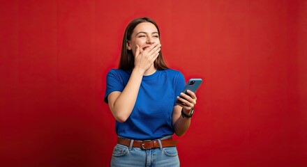Joyful young woman in a blue tee shirt and jeans laughing while holding a smartphone against a vibrant red backdrop. Her hand covers her mouth expressing delight with natural lighting