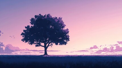 Obraz premium Lone tree silhouette on grassy field against purple sunset sky with stars and clouds background in anime style