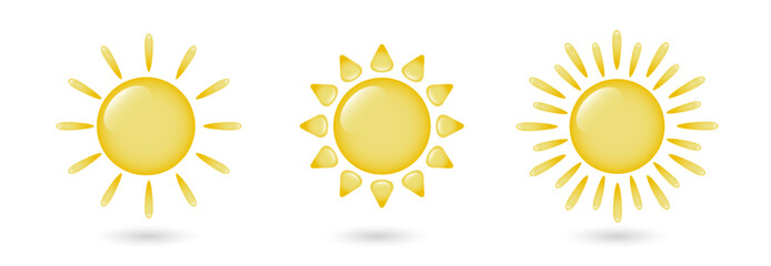A set of three suns with a shadow on a white background. Sun-shaped logos. Vector EPS 10.