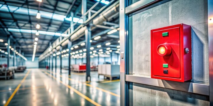 Industrial fire alarm switch on factory wall with illuminated red button