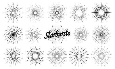 A set of solar bursts on a white background. Suns and sun rays in vintage style. Collection of starbursts, logos. Vector illustration.