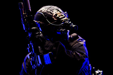 Tactical Soldier in Uniform with Night Vision and Advanced Equipment
