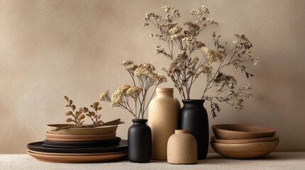 Dried flowers in simple black and beige vases sit on stacked terracotta plates. The scene is earthy and minimal, with a beige background.