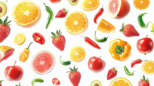 Seamless pattern of colorful fruits and vegetables floating on a white background, promoting healthy eating and wellbeing