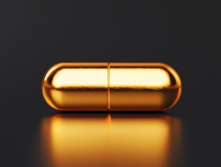 Naklejka premium A shiny golden capsule pill is displayed on a reflective dark surface, symbolizing luxury and modern medicine.
