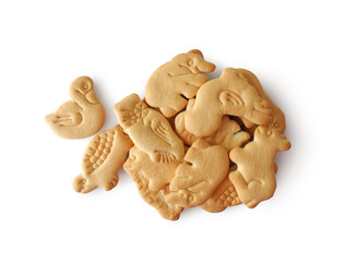 Animal shaped biscuit cookies isolated on white background top view	