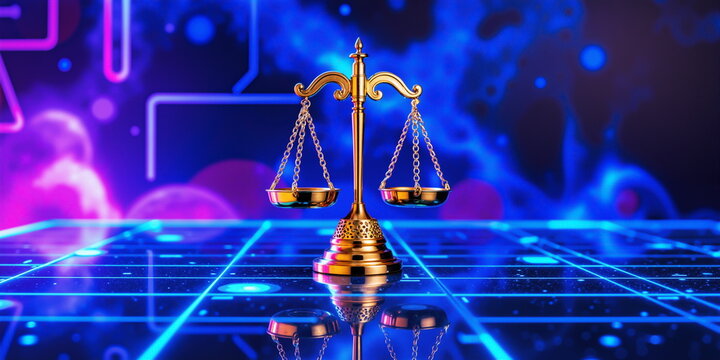 Modern tech legal world. Court data ai, online cyber crime law Web policy future. Neon lights glow board depth, blue grid center symbol. Trial system lawyer, right scale, science based ethic concept