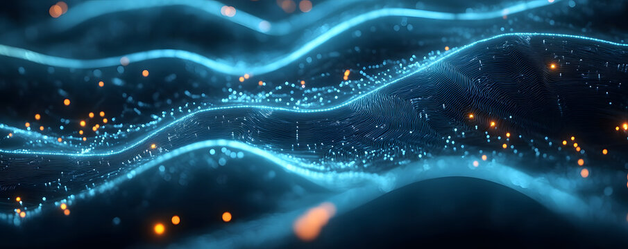 Abstract digital network circuit board background banner with glowing light and connecting data dots in blue and black colors. Big data technology concept.