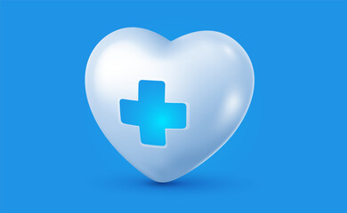 Obraz premium Vector illustration of realistic heart with cross on blue background. 3d cartoon style design of heart with cross. Medical symbol of first aid icon