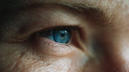 A piercing blue eye gazes intently, capturing a moment of deep reflection and introspection.