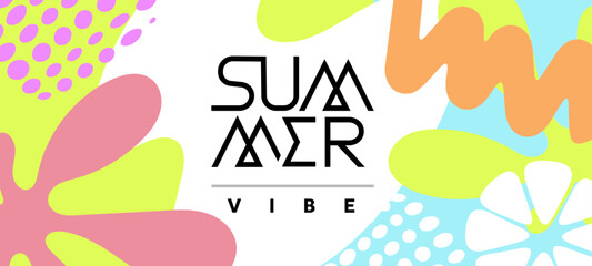 Vector creative summer illustration of geometric seasonal background. Flat cartoon style retro color design of template with summer text and abstract shape. Tropical leaves and spot