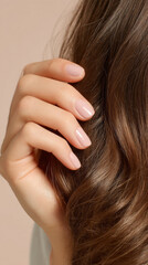 Soft pink nails on hand gently touching long wavy brown hair, creating calm and elegant beauty moment