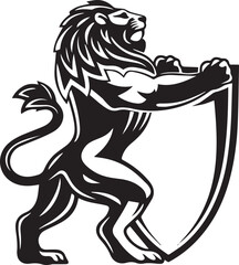 A classic and majestic lion holding a shield with confidence and grace. Ideal for elite branding, security companies, premium product labels, or luxury athletic gear.