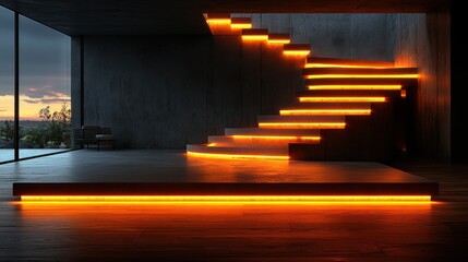 Modern Interior with Illuminated Staircase and Scenic View
