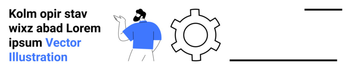 Obraz premium Modern flat style concept art with a man gesturing near a gear, placeholder text, and minimal graphic elements. Ideal for technology, teamwork, mechanics, innovation, guidance, development or simple