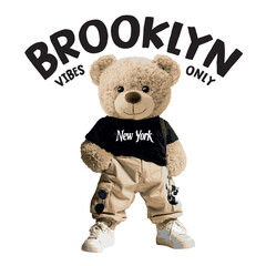 New York themed teddy bear vector illustration.Teddy bear vector hand drawn illustration cute print design for kids.College themed, cute animal graphic print for textiles. Teddy bear graphic.