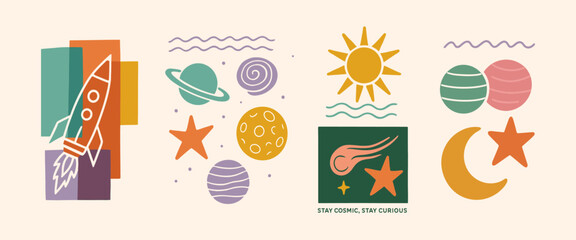 Playful Planets and Rockets, Retro Flat Style Cosmic Illustration Pack