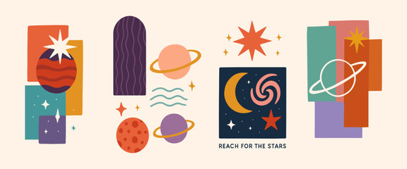 Abstract Universe Icons, Retro Galaxy Set with Minimal Cosmic Shapes