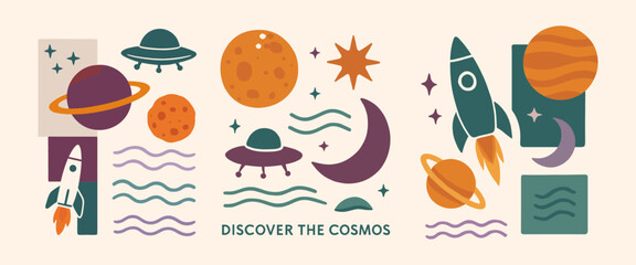 Mid Century Modern Universe, Abstract Space and Planet Set in 70s Style