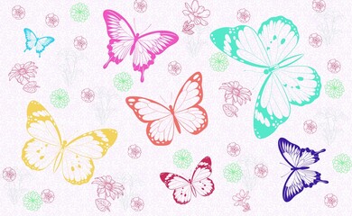 Colorful Butterfly Pattern with Floral Elements on Light Background