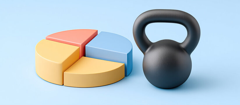 Financial resilience concept with colorful pie chart and black kettlebell on blue background