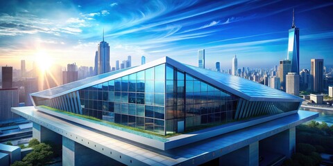 Obraz premium Sustainable Cityscape: Sleek Building with Blue Solar Panels - Eco-Friendly Architecture