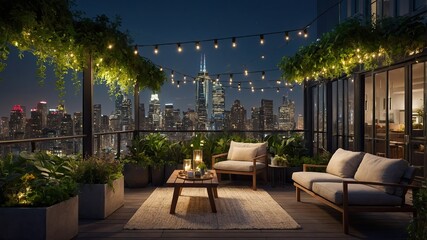 Fototapeta premium Rooftop patio at night with city skyline view.
