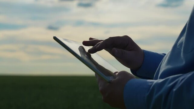 agriculture Precision farming inspection, Data-driven crop management, Sustainable agriculture practices, Innovative farming techniques, Tablet in agricultural work, Checking crops with technology